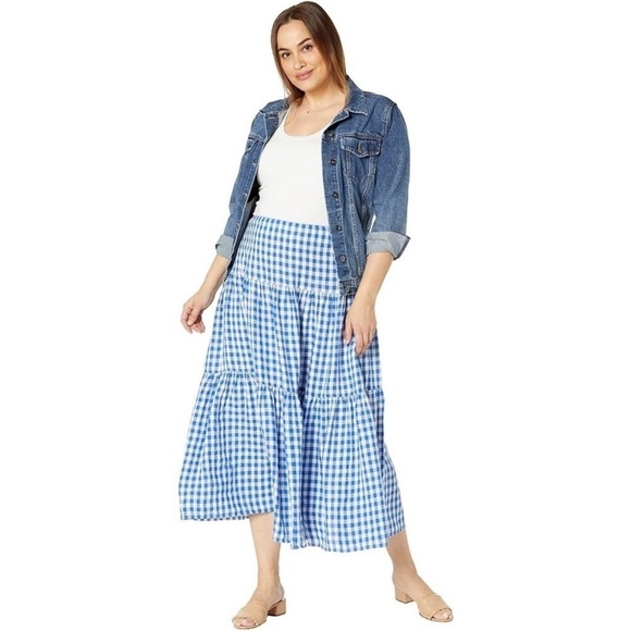 Ralph Lauren Black Label Maxi Tiered Gingham Linen Skirt Blue White size 16W - Picture 1 of 15